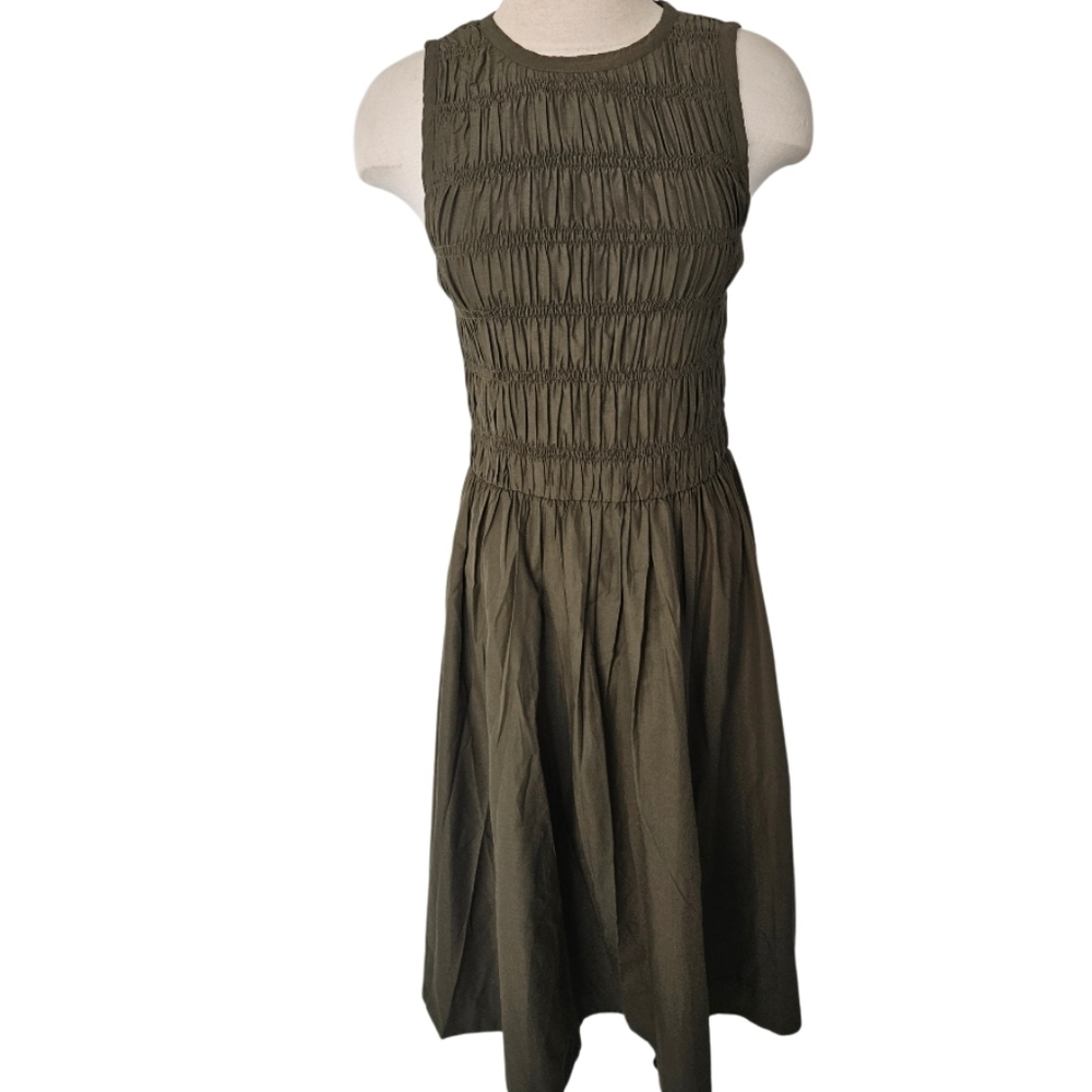 NWT Micheal Kors Smoked Shirred Olive Green Sleeveless Midi  Dress